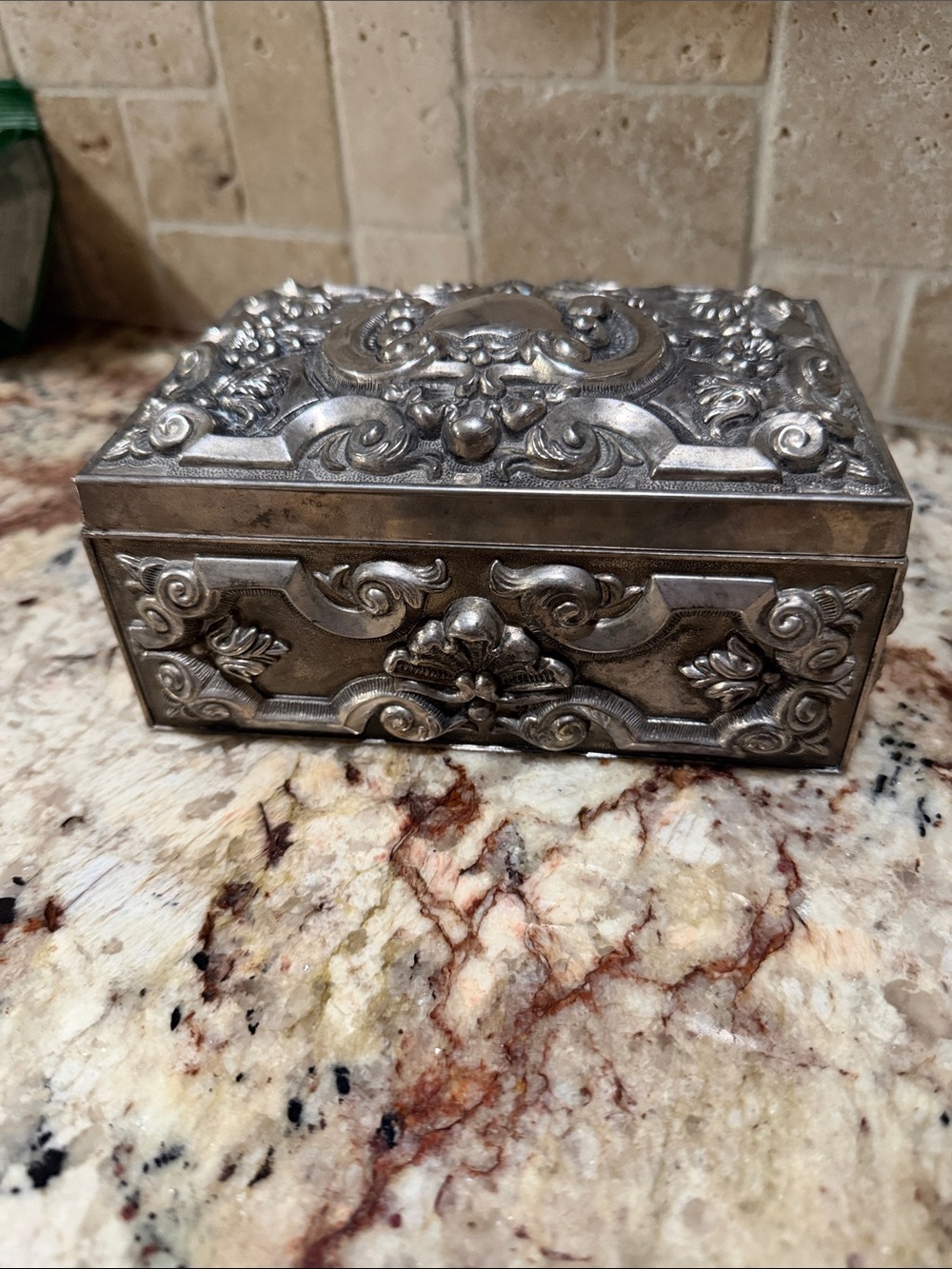 Antique Embossed Silver Jewelry Trinket Box